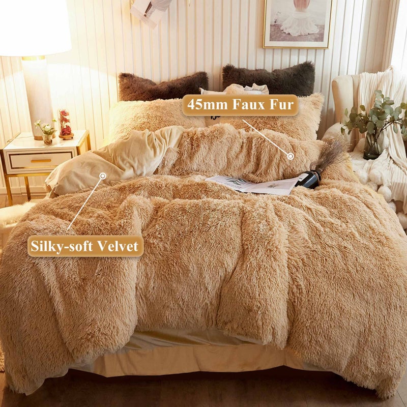 XeGe Plush Shaggy Duvet Cover, Luxury Ultra Soft Crystal Velvet Fuzzy Bedding 1PC(1 Faux Fur Duvet Cover), Fluffy Furry Comforter Cover with Zipper Closure(Queen, Camel) - Image 2